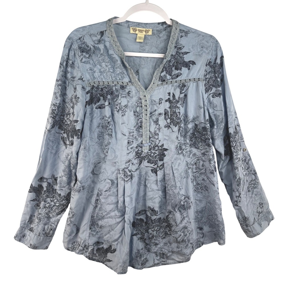Vintage America Blues Womens Blue Floral Boho Blouse Crochet Lace Trim Medium
